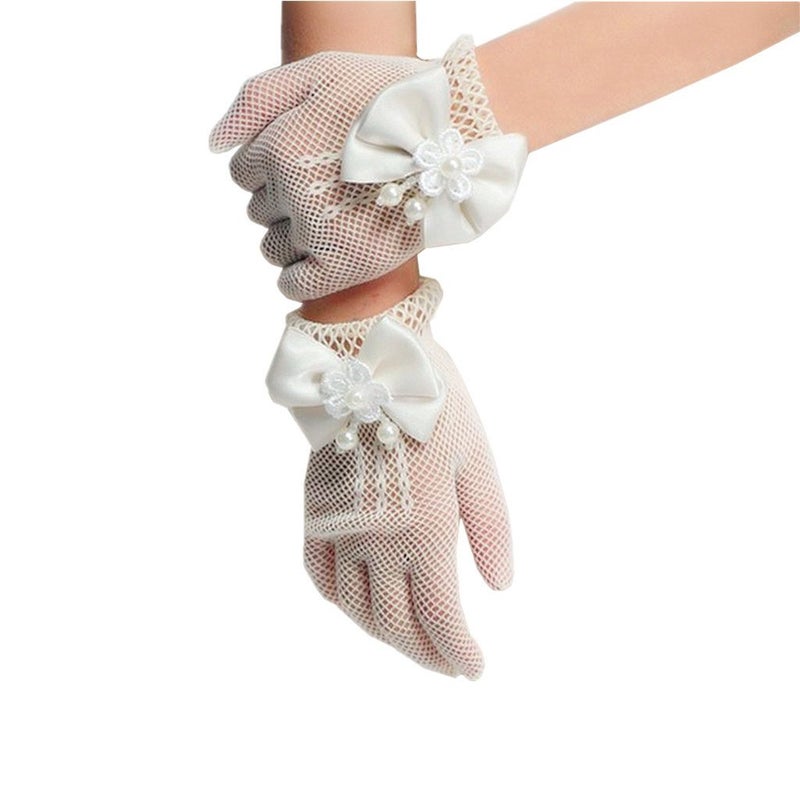 DreamHigh Wedding Flower Girls Mittens Pearl Bow Tie Fish Net Gloves- White - Image 1